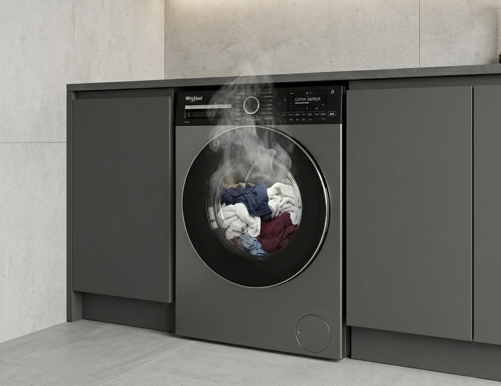 Tambour machine à laver Whirlpool avec chemise bleue et vapeur